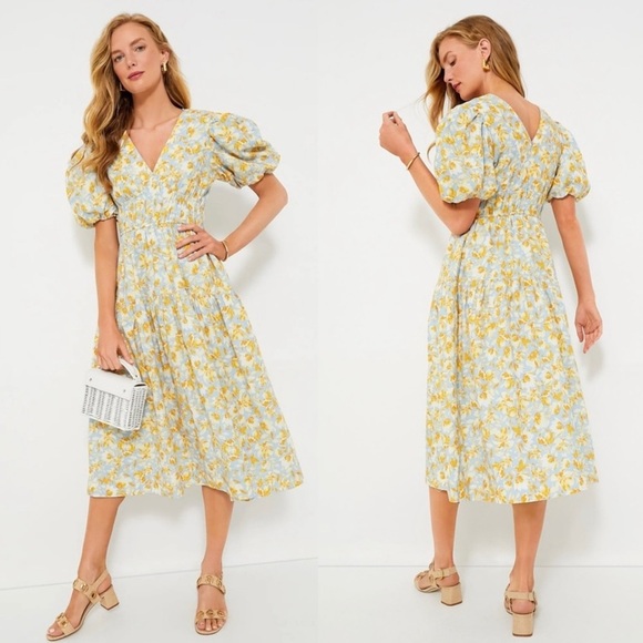 Tuckernuck Hyacinth House Puff Sleeve V-Neck Midi Dress-Blue/Orange Floral-XXS - Picture 1 of 11